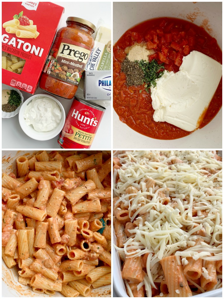 Pasta Bake with ziti pasta noodles, mozzarella cheese, cream cheese, jarred spaghetti sauce, diced tomatoes, and seasonings. Comes together in just minutes and it's a quick & easy dinner that's perfect for busy weeknights. 