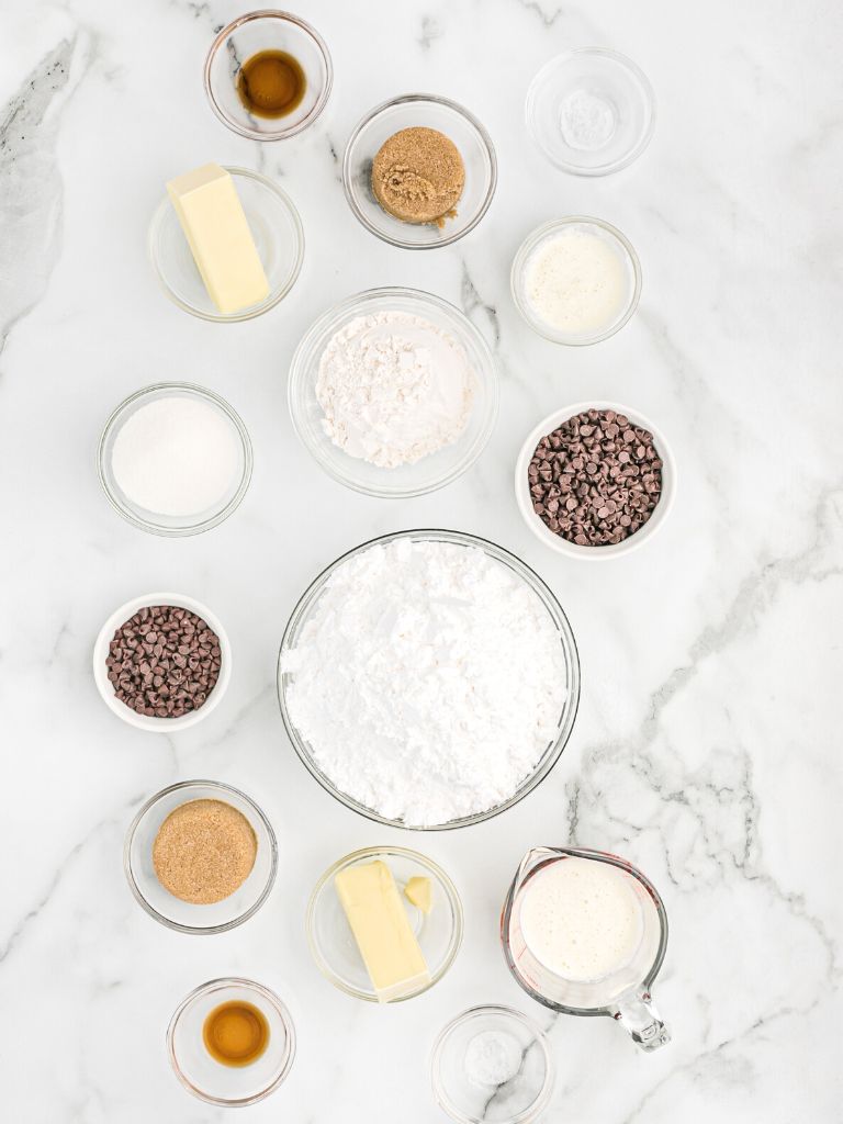 Ingredients for this fudge recipe laid out on a white background.
