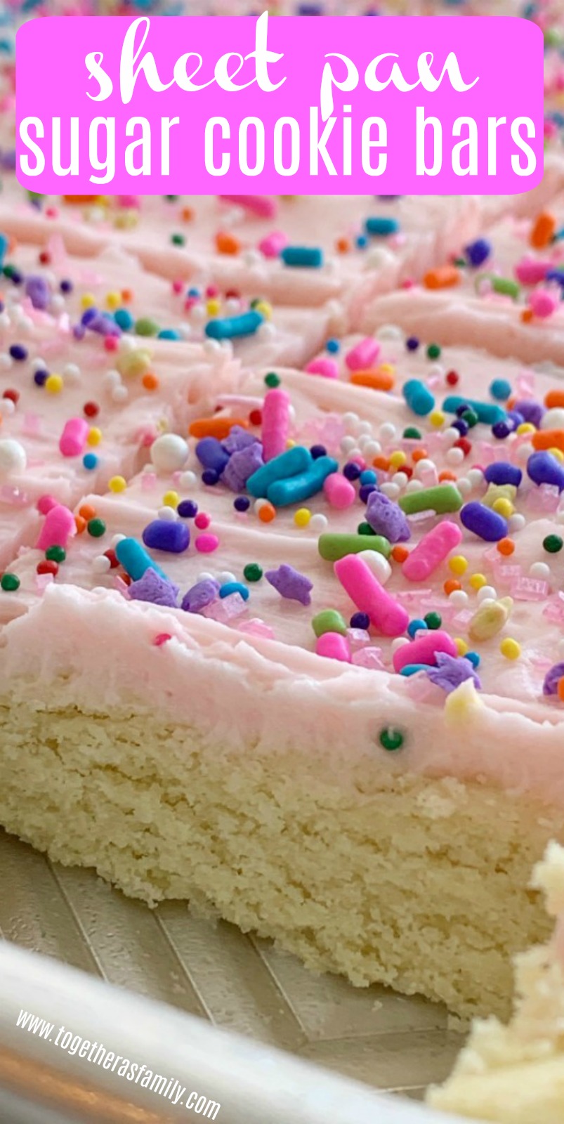 Sugar Cookie Bars | Sheet Pan Sugar Cookie Bars | Sugar Cookie Bars with Cream Cheese Frosting | Sugar Cookie Bars | Sugar Cookie Bars are thick, soft-baked and topped with the best cream cheese frosting! Sugar cookie bars bake in a cookie sheet so there is plenty serve a crowd. Change up the frosting color and sprinkles for any event or Holiday. #sugarcookies #sugarcookiebars #christmasbaking #holidayrecipes #recipeoftheday #dessertrecipes