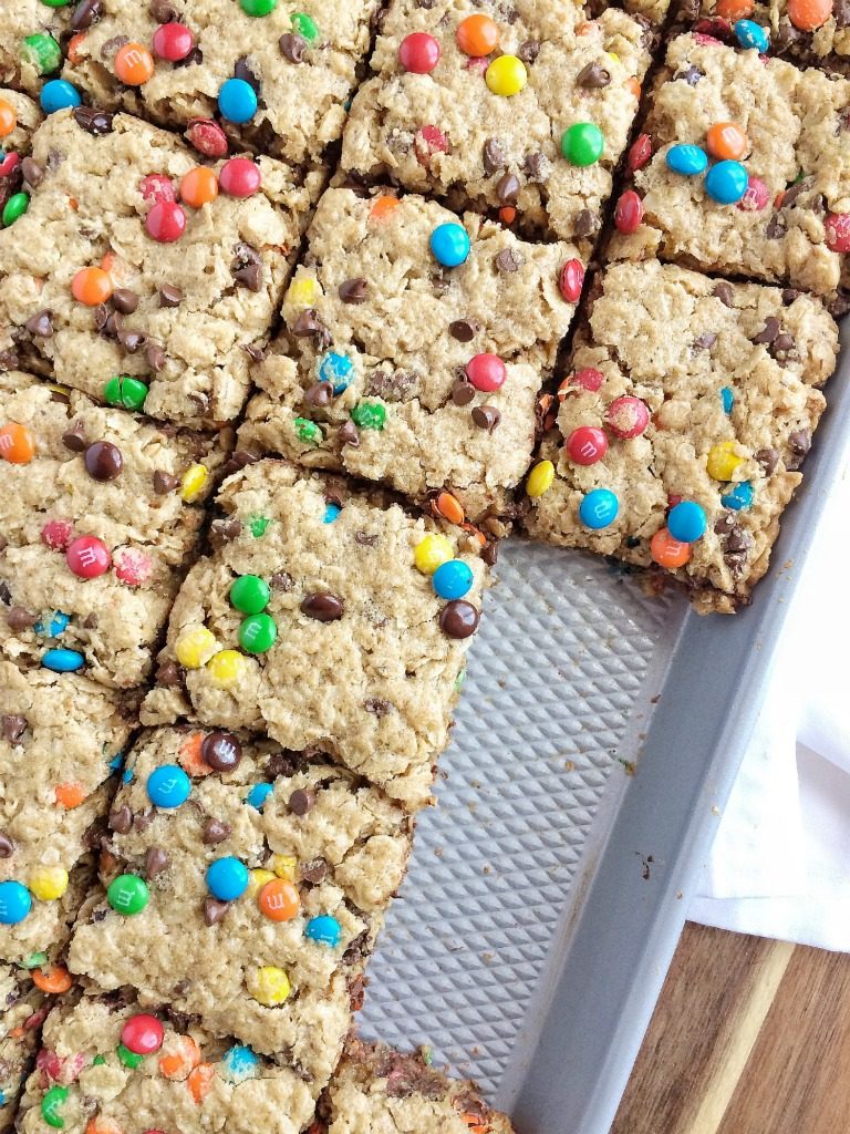 No Flour Monster Cookie Bars are loaded with oats, peanut butter, chocolate chips, and m&m's. They bake in a cookie sheet and make enough to feed a crowd. Plus, there is no flour in them!