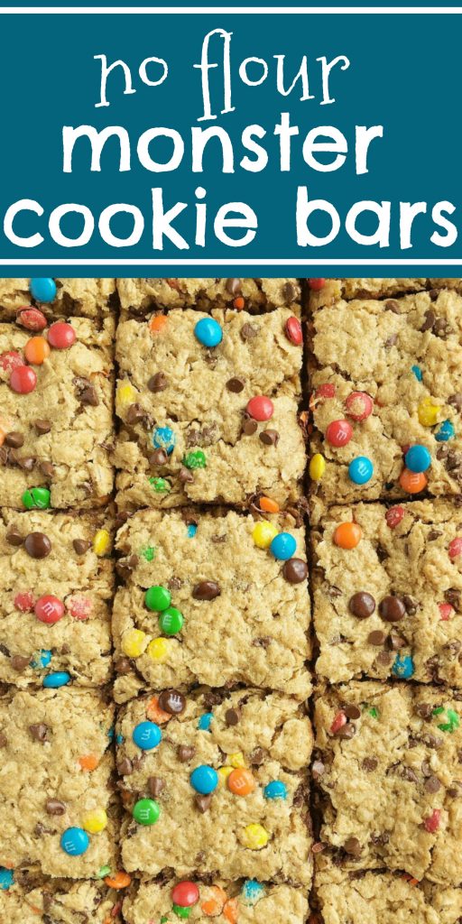No Flour Monster Cookie Bars | Cookie Bars | Monster Cookies | Gluten Free | No Flour | No Flour Monster Cookie Bars are made in a cookie sheet, or sheet pan and they're perfect for a crowd. #dessertrecipes #glutenfreedesserts #easydessertrecipes