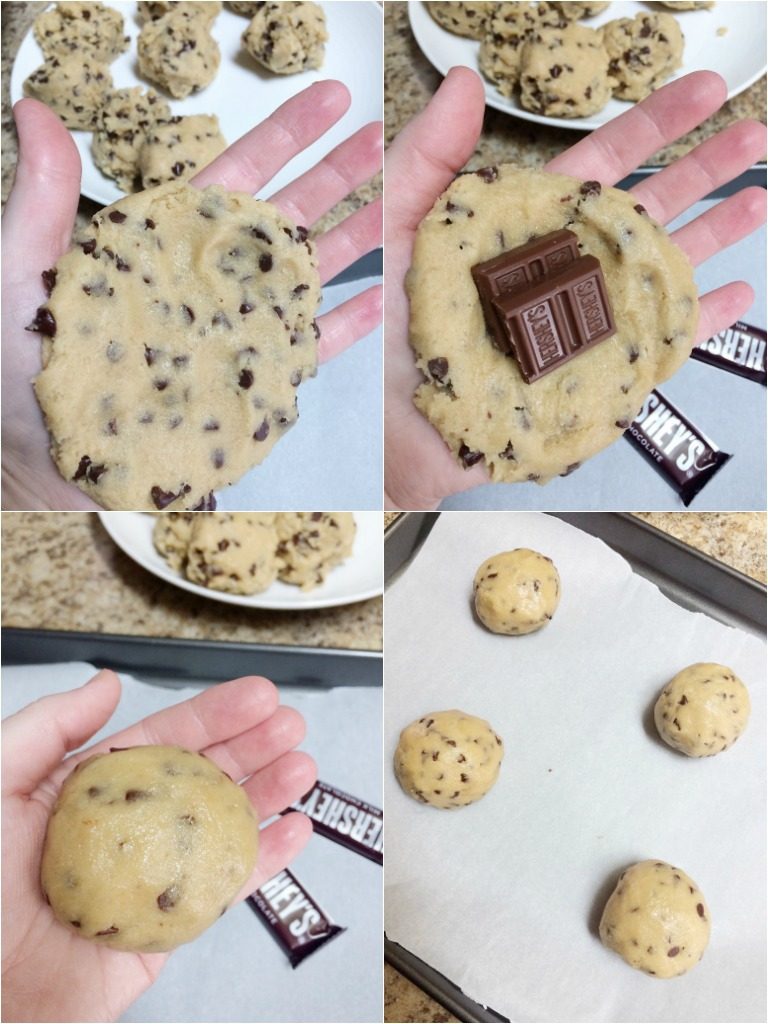Giant chocolate chip cookies stuffed with Hershey chocolate in the middle! 
