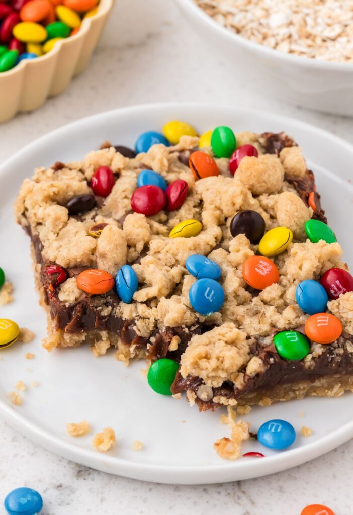 hero shot of the oatmeal fudge bars with m&m's