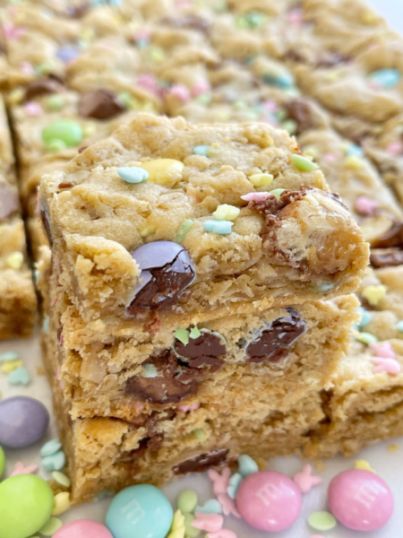 Easter Cookie Bars with m&m's, chopped candy bars, and sprinkles.