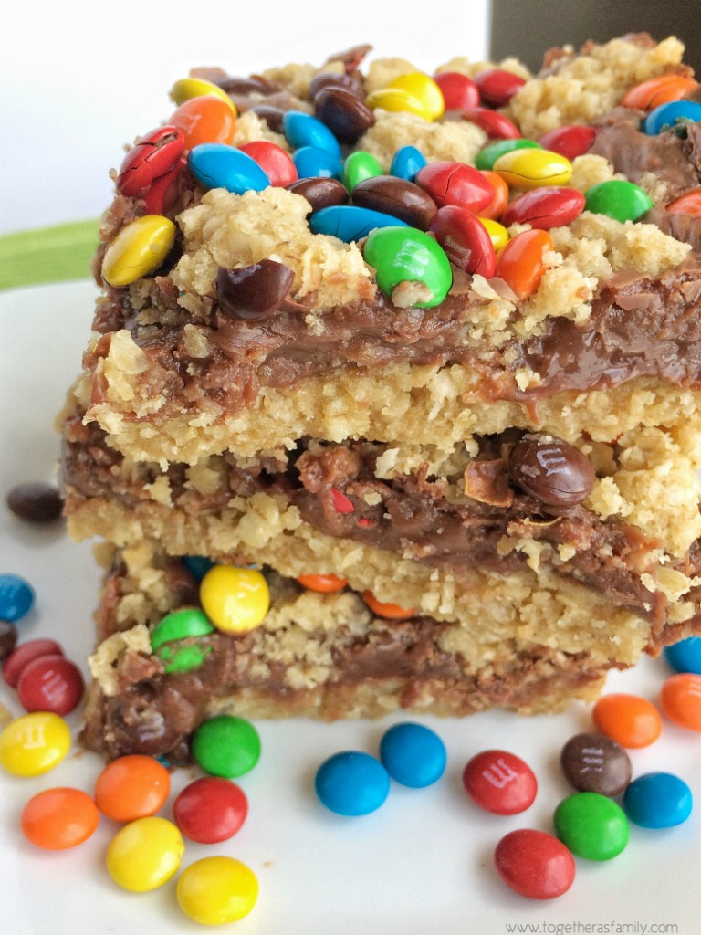 M&M Chocolate Fudge Oatmeal Bars Together as Family