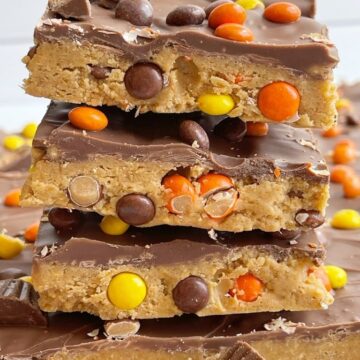 Reese's Pieces peanut butter bars taste like a Reese's but made at home.