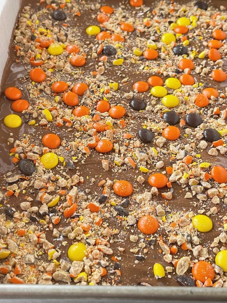 A pan of Reese's Pieces peanut butter bars