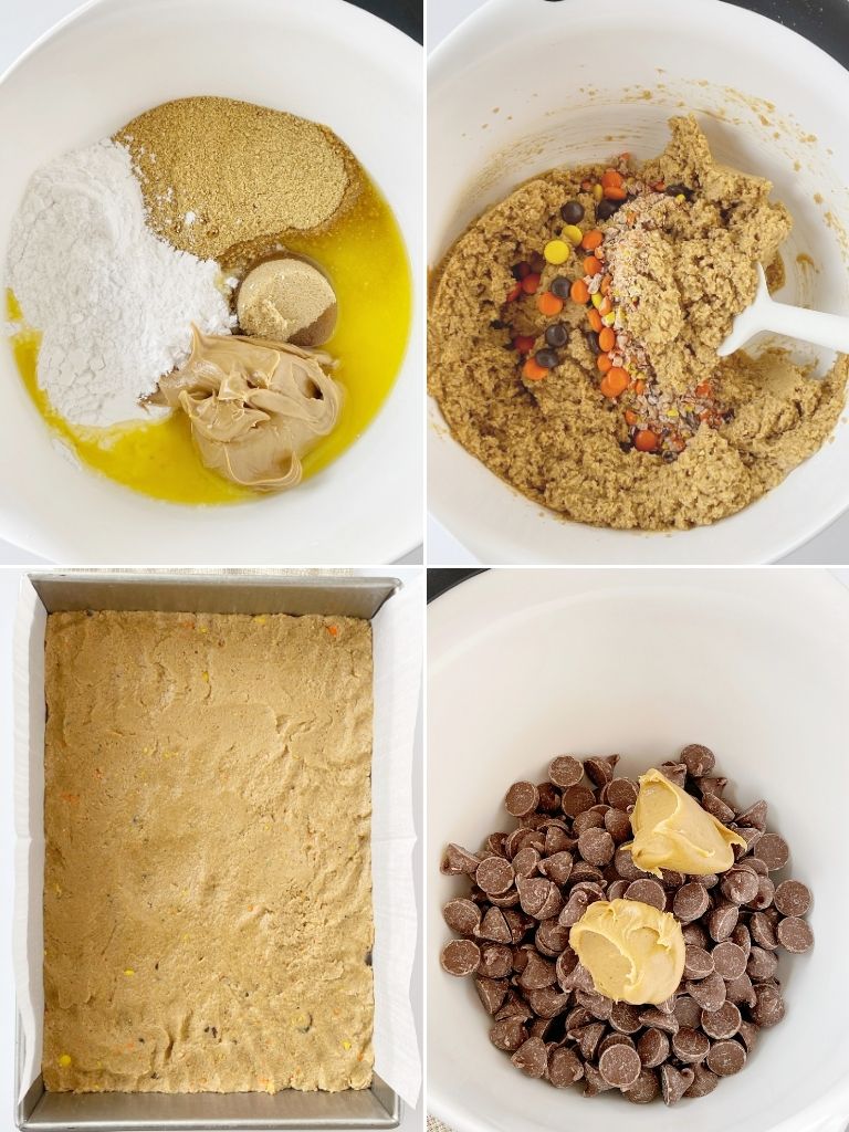 How to make no bake Reese's Pieces peanut butter bars with step by step picture instructions. 