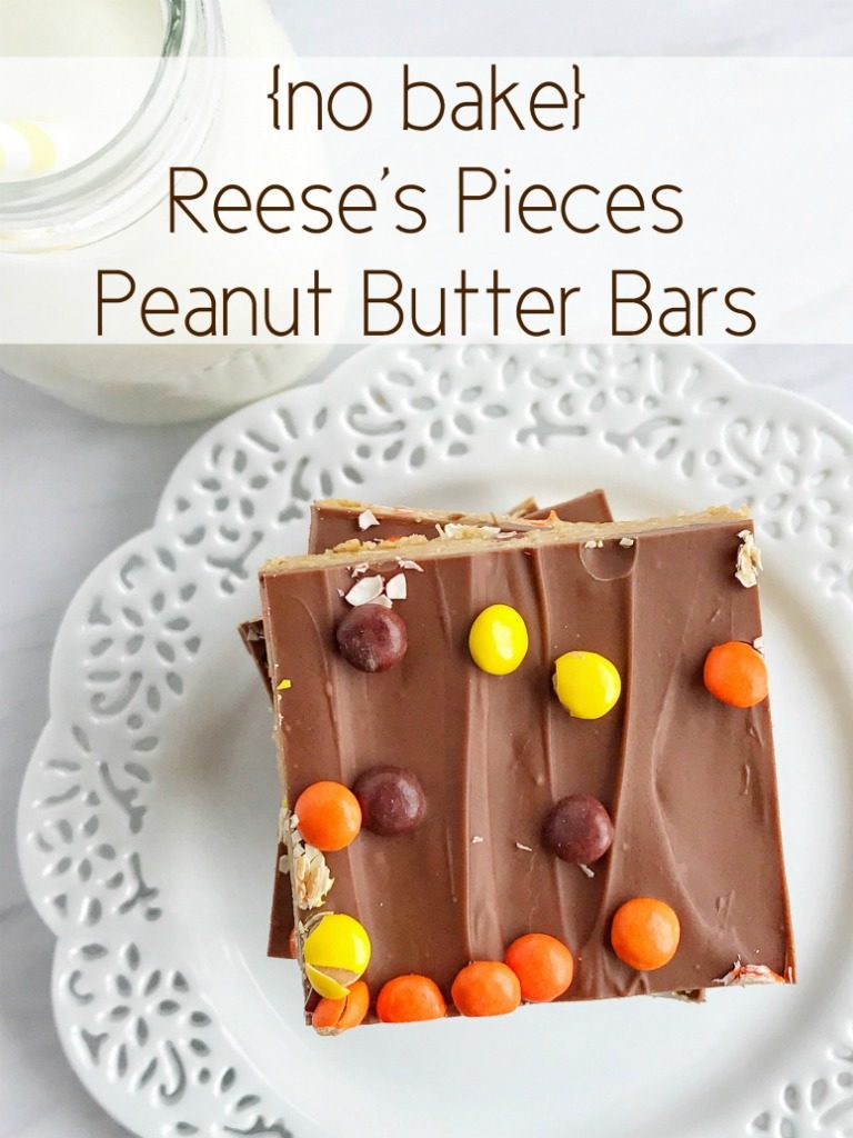 Reese's Pieces Peanut Butter Bars are an easy, no bake treat that is loaded with chocolate and peanut butter. They taste exactly like a Reese's! Add in some mini reese's pieces for the ultimate chocolate & peanut butter dessert.