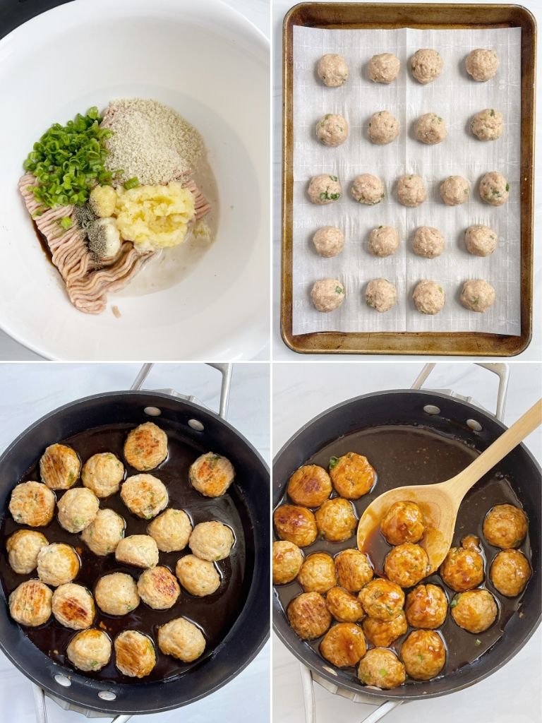 4 pictures showing how to make teriyaki chicken meatballs with step-by-step pictures.