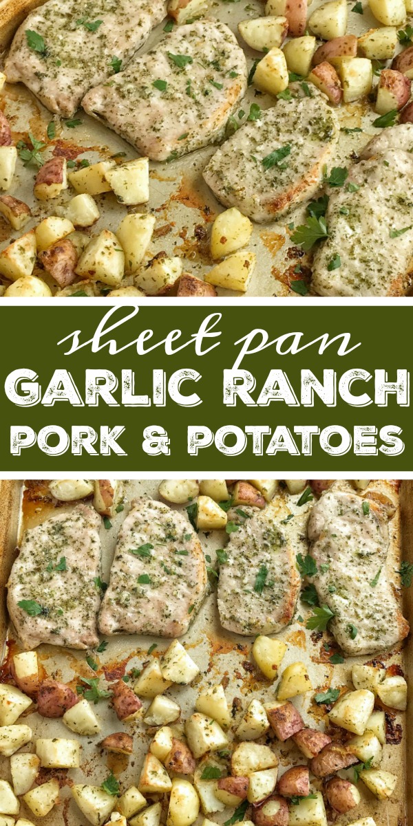 Sheet Pan Garlic Ranch Pork & Potatoes | Pork Chop Recipes | Sheet Pan Recipes | Dinner Recipes | Dinner can be ready in a hurry with this boneless pork chops and potatoes recipe! Roasted in an easy garlic ranch seasoning mix and made in a sheet pan. Healthy, delicious weeknight meal for all the pork chop lovers. #porkchops #dinnerrecipe #recipeoftheday #sheetpan #onepan