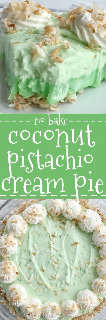 This no bake coconut pistachio cream pie is the perfect summer dessert. No oven needed! It's so easy to make with a toasted coconut crust and two layer of creamy and cool pistachio pudding and whipped cream.