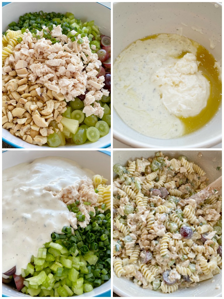 Cashew Chicken Pasta Salad is a creamy pasta salad recipe that's full of texture and flavor. Grapes, pineapple tidbits, celery, green onion, cashews, and chicken in a creamy ranch dressing sauce and spiral pasta noodles. 