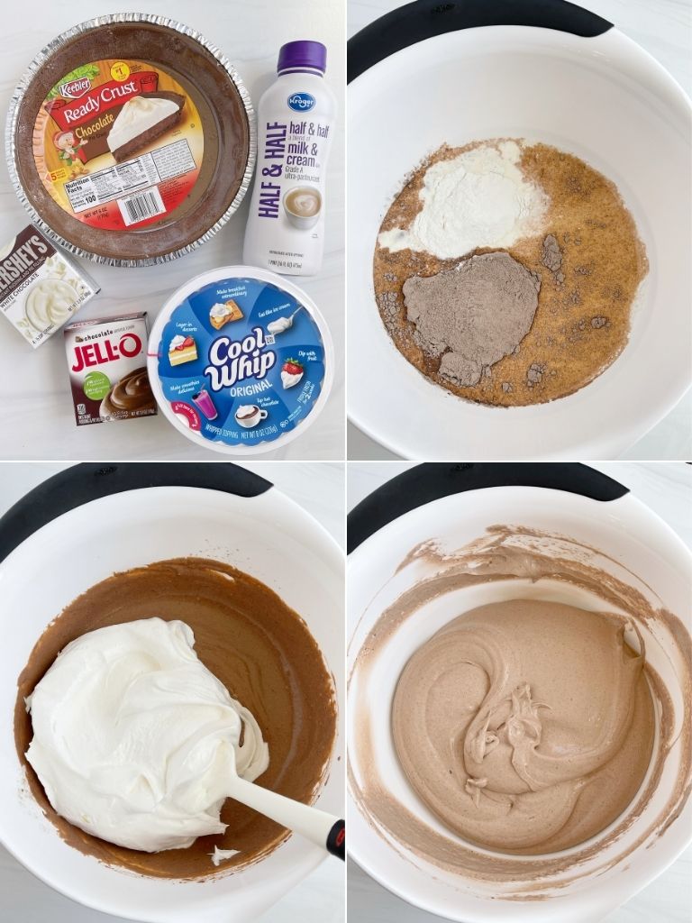 Step-by-step photo instructions and ingredients needed to make double chocolate cream pie.