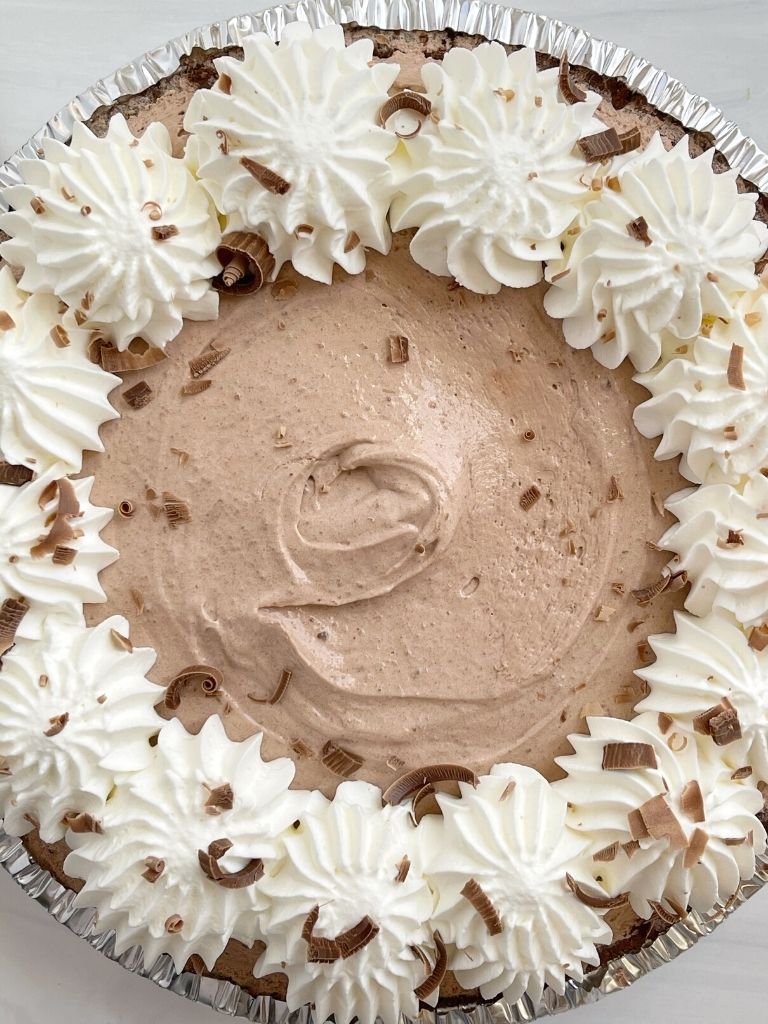 A picture of double chocolate cream pie with chocolate instant pudding and white chocolate instant pudding mix.