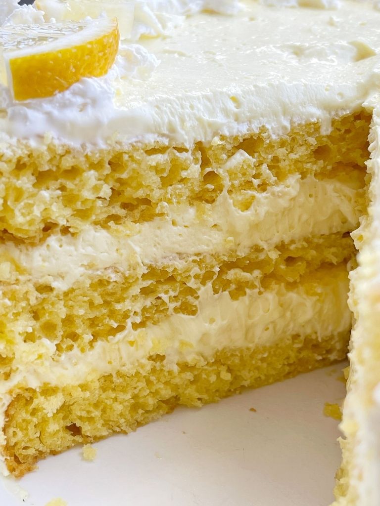 Three layers of easy lemon cake with lemon pudding frosting. 