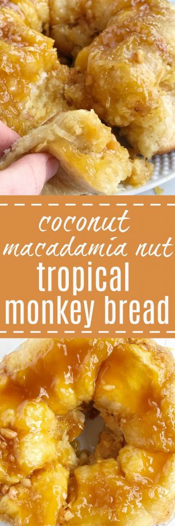 This easy, no yeast needed tropical monkey bread is loaded with Hawaiian flavors! Flaky, buttery rolls covered in coconut pudding, macadamia nuts, coconut, sugar, and pineapple. Prepare the night before for easy overnight sweet bread in the morning. This stuff is so delicious and makes for a great dessert or extra special breakfast.