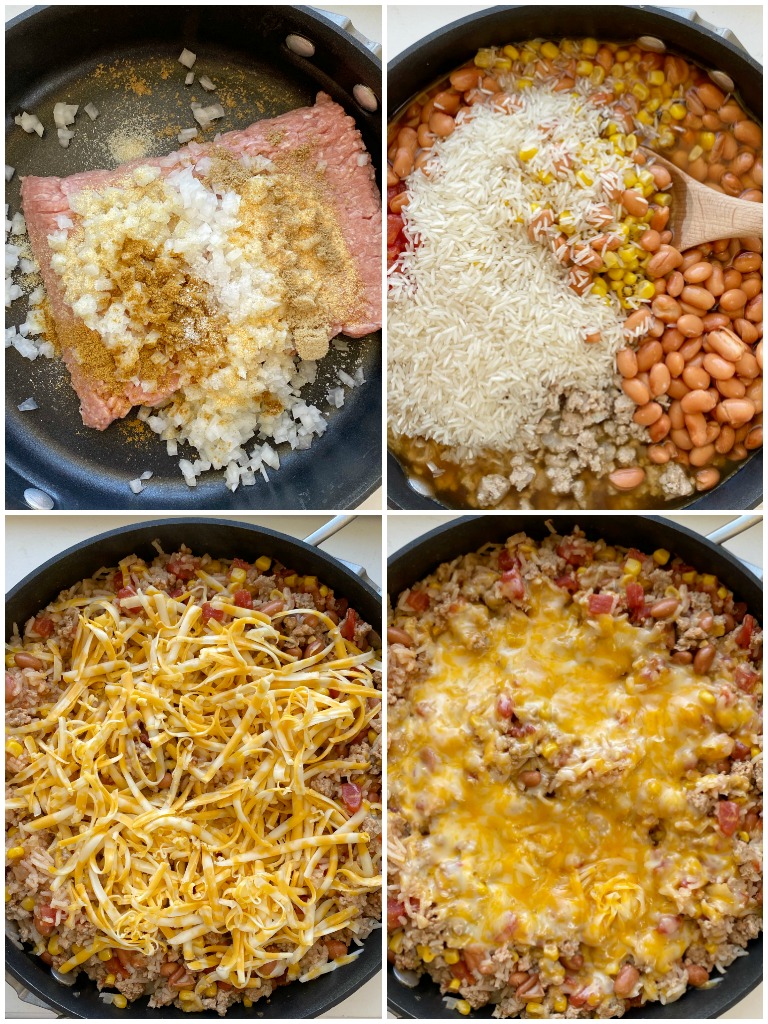 Turkey Taco Rice Skillet is a one pan dinner that's loaded with ground turkey, beans, corn, tomatoes, rice, cheese, and seasonings. Simmers in beef broth for an easy skillet dinner recipe with ground turkey.