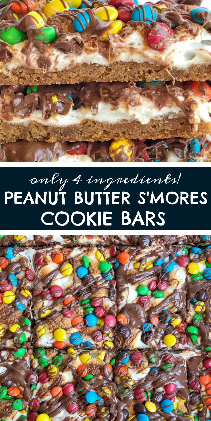 Peanut Butter Smores Cookie Bars | Smores Recipe | You only need 4 ingredients for deliciously gooey peanut butter smores cookies bars. Cookie dough, marshmallows, chocolate candies, and a chocolate drizzle! #smoresrecipes #easydessertrecipe #cookiebars #recipeoftheday #dessertideas #smores