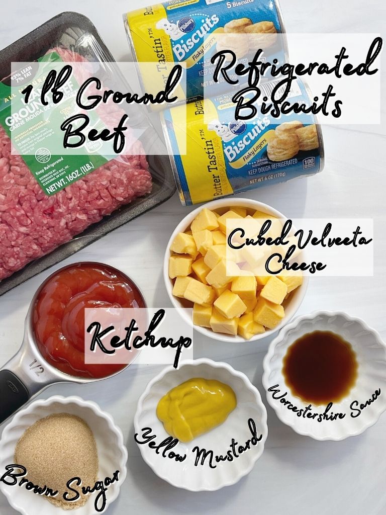Ingredients needed to make cheeseburger biscuit cups for dinner.