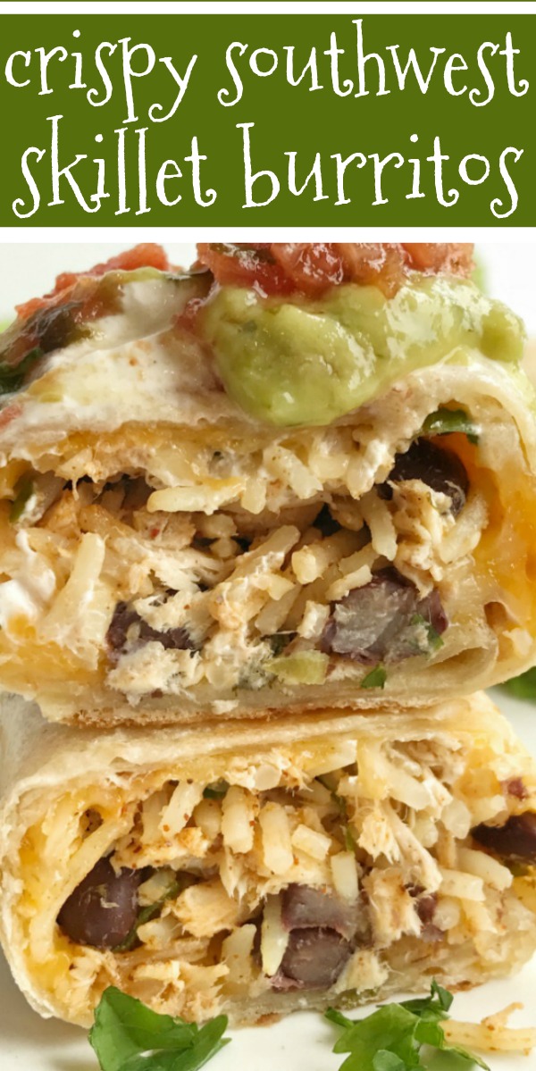 Crispy Southwest Chicken Skillet Burritos | Chicken Recipes | Mexican Food | Burritos | These crispy southwest chicken skillet burritos are so easy to make, versatile, and a quick & easy 30 minute dinner! All your favorite burrito fillings cooked to crispy perfection in a skillet pan. #mexicanfood #dinner #easydinnerrecipes #chicken #recipeoftheday