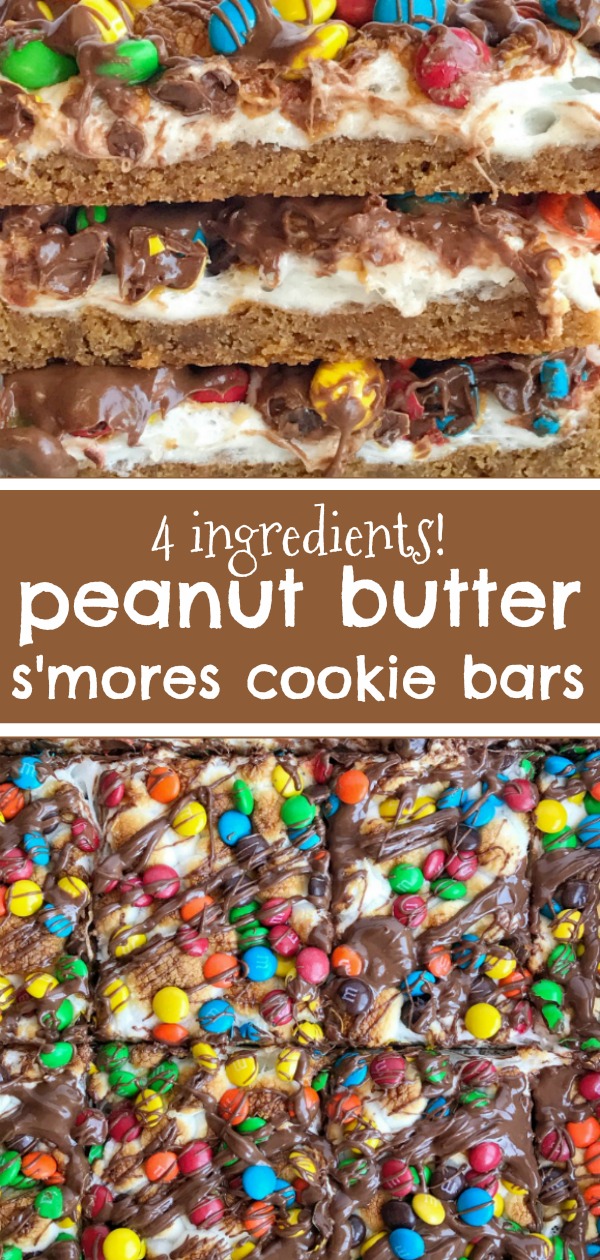 Peanut Butter S'mores Cookie Bars | S'mores | Peanut Butter | Cookies |Four ingredients are all you need for these super easy, quick to make, and delicious peanut butter s'mores cookie bars! Get the kids involved and make this fun dessert in a matter of minutes. Tastes just like a toasty s'mores with peanut butter and chocolate candies.