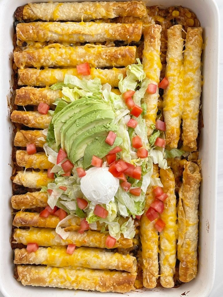 Taquito casserole recipe with frozen taquitos and rice.