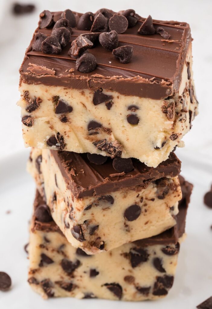 Stack of cookie dough bars with chocolate chips 