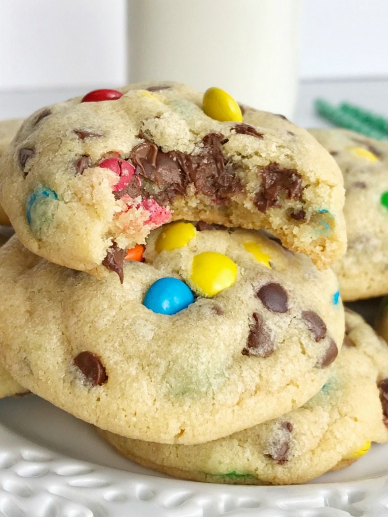 M&M Chocolate chip pudding cookies are thick, chewy, soft baked, and loaded with chocolate chips and mini m&m's! They're made super soft with the added pudding mix right in the dough. These cookies will disappear fast because they are always a hit and everyone loves them.