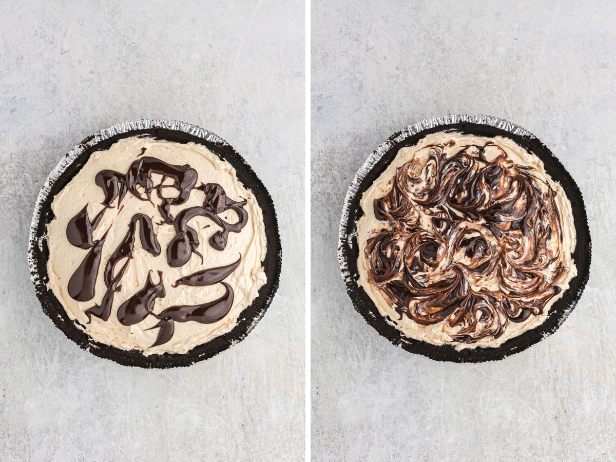 How to make peanut butter fudge swirl pie with step by step process photos showing each step needed. 