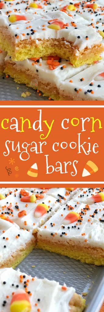 Candy corn sugar cookie bars are the best way to celebrate Halloween. Sugar cookie bars made in a sheet pan so there is plenty for everyone. Layered in yellow & orange sugar cookies and then topped with a white cream cheese icing and decorated with candy corn and Halloween sprinkles! This recipe is so addictive and will be the hit dessert of any party | togetherasfamily.com Together as Family Blog
