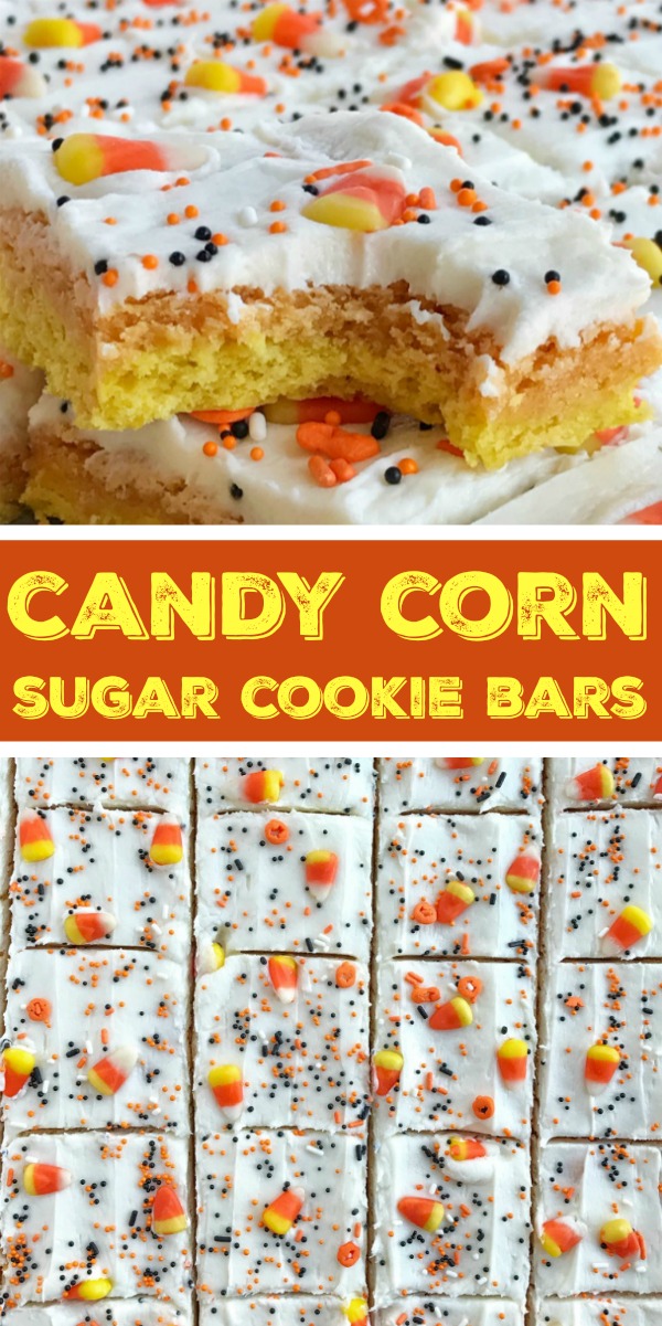 Candy Corn Sugar Cookie Bars | Sheet Pan | Halloween Food | Halloween Treats | Sugar Cookie Bars | Candy corn sugar cookie bars are the best way to celebrate Halloween. Sugar cookie bars made in a sheet pan so there is plenty for everyone. Layered in yellow & orange sugar cookies and then topped with a white cream cheese icing and decorated with candy corn and Halloween sprinkles! #halloweenfood #halloweenrecipes #sugarcookiebars #dessert #recipeoftheday