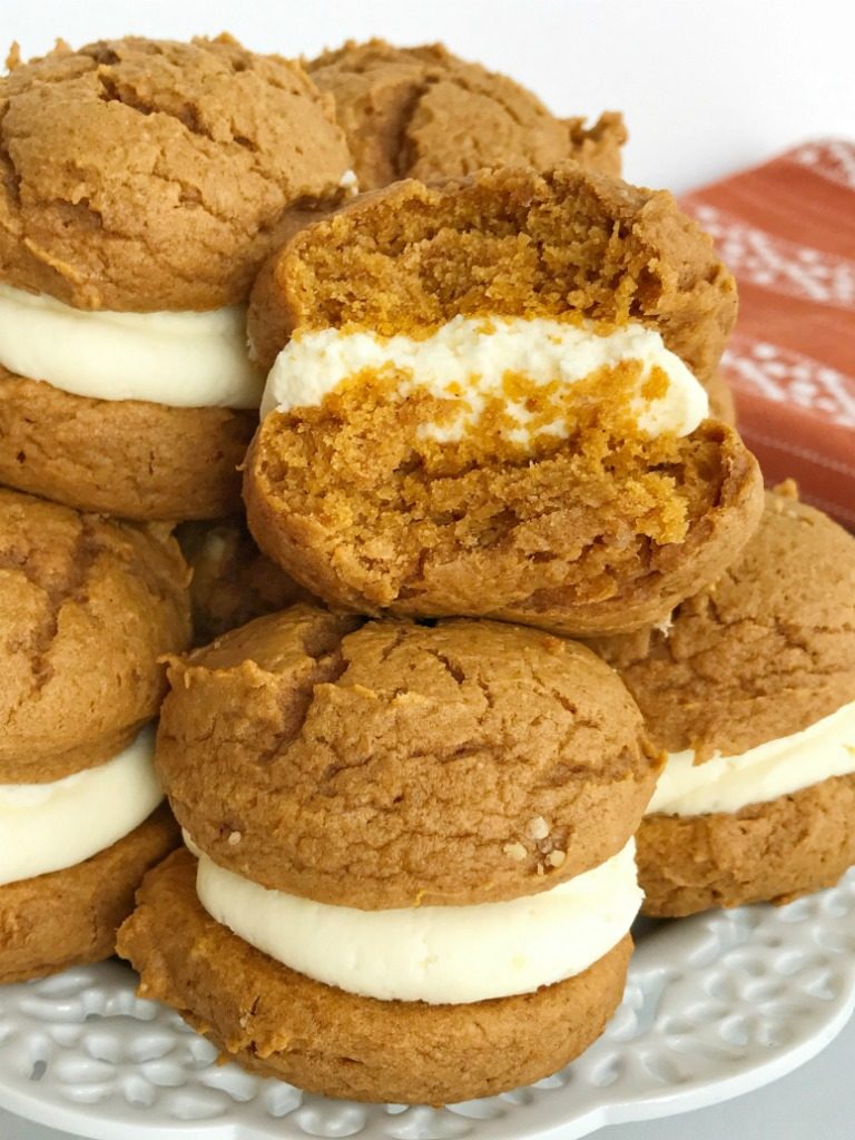 You only need 5 ingredients for the best pumpkin dessert of Fall; pumpkin cheesecake whoopie pies. Fluffy & sweet cheesecake whipped cream in between two soft pumpkin cookies. Not only are these so easy but they will disappear just as fast. 