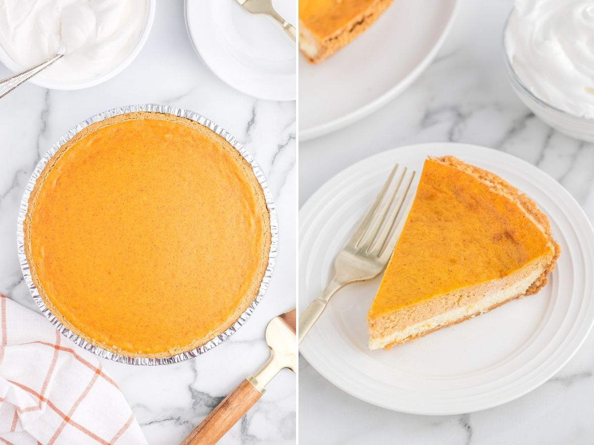 Two pictures of a cooked cheesecake and then a slice of one in the other picture.