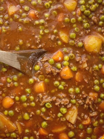 Ground Beef Stew is made in the slow cooker and it will make your house smell amazing! Kid friendly ground beef, potatoes, carrots in a richly seasoned tomato beef broth base. Serve with rolls or bread to soak up all the goodness.