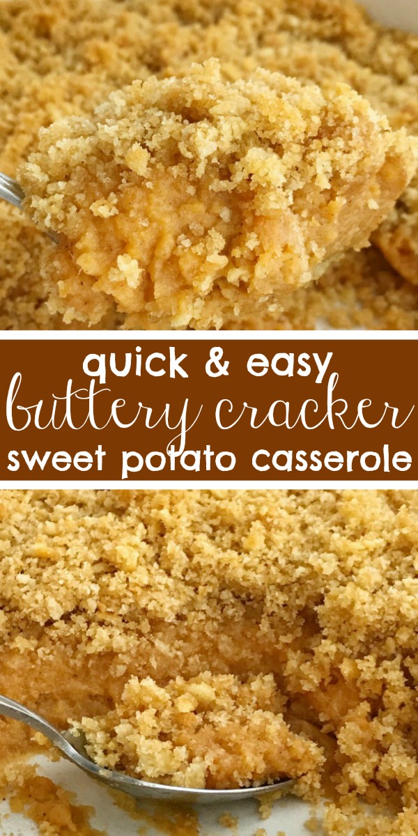 Buttery Cracker Sweet Potato Casserole with Canned Sweet Potatoes | Sweet potato casserole with canned sweet potatoes! This can be on the dinner table in just 30 minutes. No boiling & peeling sweet potatoes. Sweet and creamy sweet potato casserole topped with a buttery Ritz cracker crumb topping. So much easier than the classic side dish. It's the perfect recipe for Thanksgiving. #thanksgivingrecipe #sweetpotatocasserole #sidedish #easyrecipe #holidayfood #holidayrecipes #holiday
