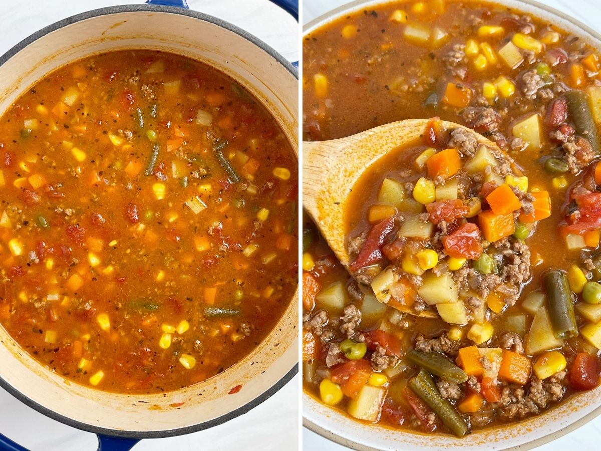 Two picture collage of how to make this hamburger soup with step by step pictures.