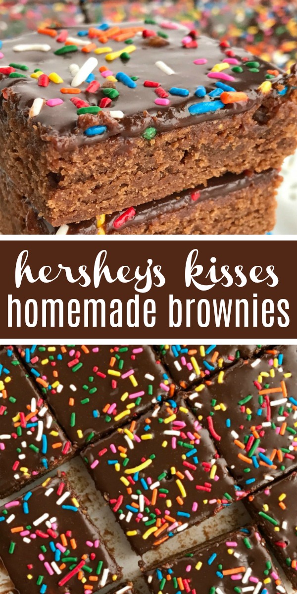 Hershey's Kisses Milk Chocolate Brownies | Homemade Brownies | Brownie Recipe | Milk chocolate homemade brownies use Hershey's Kisses for the chocolate! Homemade milk chocolate brownie base topped with a milk chocolate ganache. Rich, soft, fudgey, and sure to satisfy any chocolate craving. Change up the sprinkles for different Holidays! #dessertrecipe #christmasrecipe #holidayrecipe #dessert #easydesserts #milkchocolate #brownies #brownierecipe #homemadebrownies