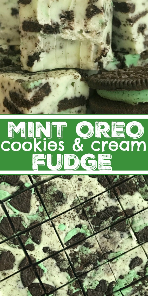 Mint Oreo Fudge | Cookies & Cream Fudge | Fudge Recipes | Mint Oreo fudge loaded with chopped mint Oreo cookies in a smooth & creamy white chocolate fudge. Takes just minutes to prepare! Cut into small pieces and serve a crowd or give plates to your neighbors for a delicious Christmas treat. #christmastreats #christmasrecipes #fudge #fudgerecipes #mint #dessert #recipeoftheday