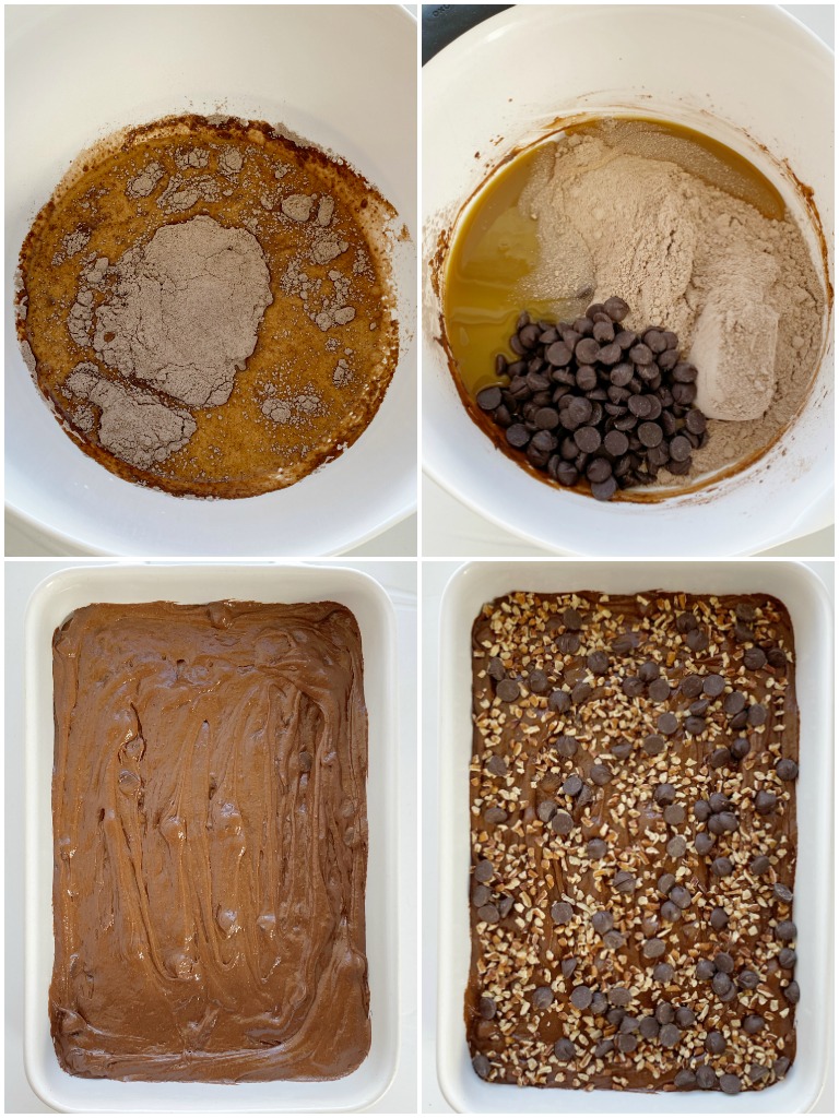 How to make turtle dump cake with caramel and chocolate with step by step photo instructions for each step in the recipe.
