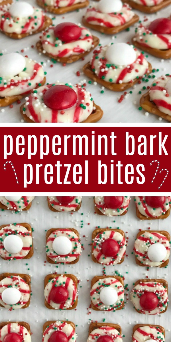 Peppermint Bark Pretzel Bites | Peppermint Bark Recipe | Christmas Recipes | Peppermint bark pretzel bites are sweet n' salty perfection. Melted candy cane crunch Hershey kiss on top of a pretzel, and then topped with a peppermint white chocolate m&m candy. Perfect for Christmas cookie plates or just a fun Holiday treat. #christmasrecipe #christmastreat #peppermintbark #easyrecipe #recipeoftheday