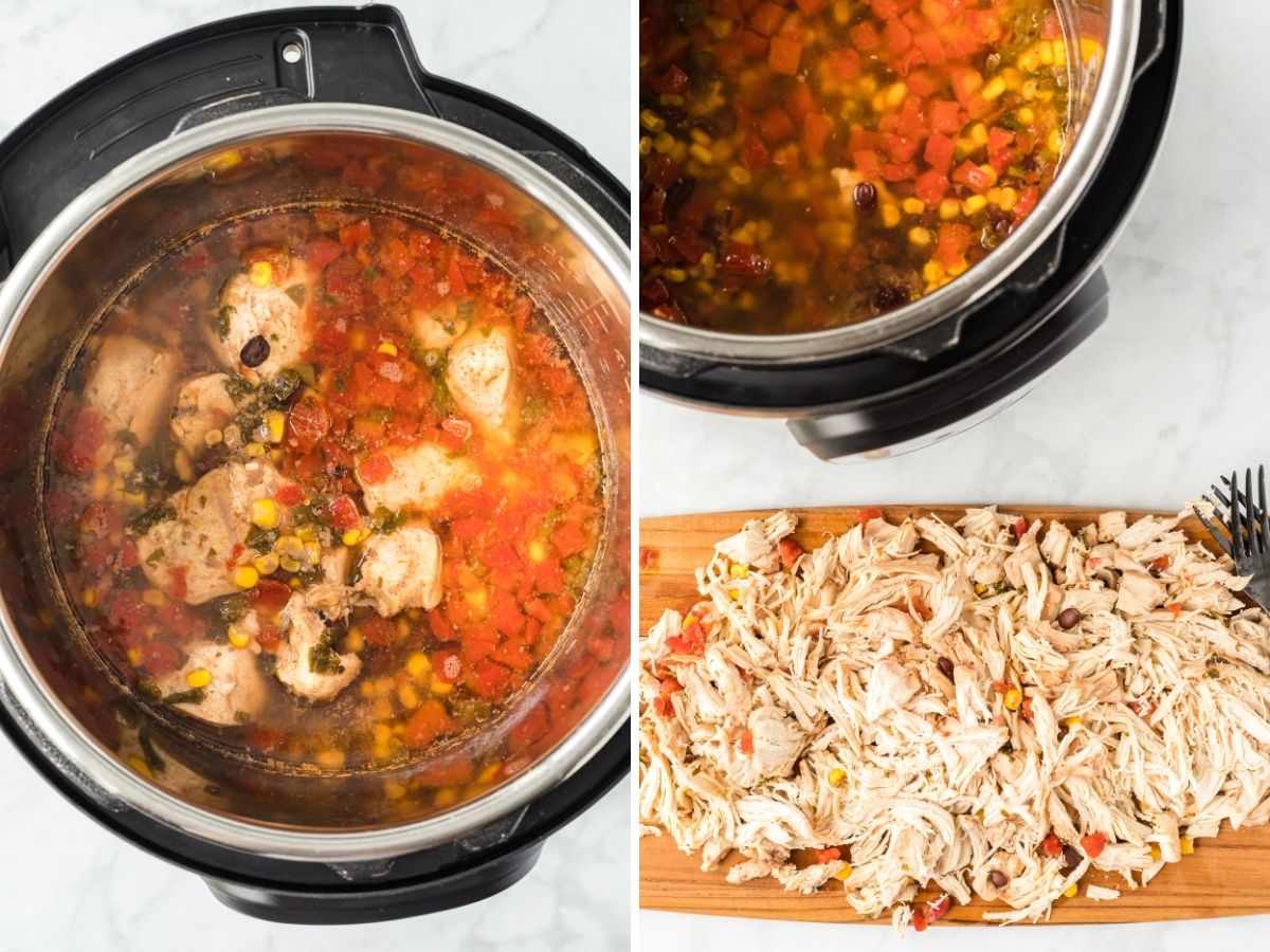 Step by step picture instructions with picture of shredded chicken and the instant pot. 