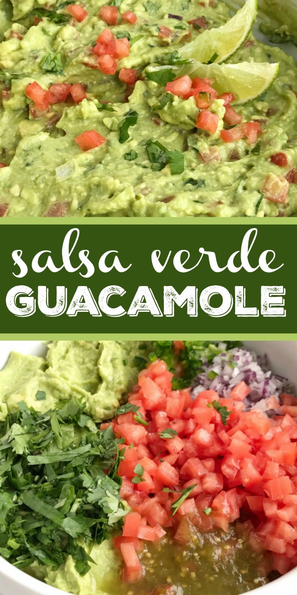 Salsa Verde Guacamole | Guacamole Recipe | Appetizer | Salsa verde guacamole is loaded with tomato, cilantro, smashed avocado, jalapeno and salsa verde. Serve with tortilla chips for a delicious party appetizer and a fan favorite for a Super bowl game day party. Serve as a topping for tacos, burrito bowls, and nachos. #guacamole #appetizers #superbowlfood #footballfood #recipeoftheday #easyrecipe