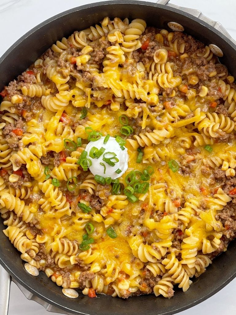 A picture for one pan bbq pasta skillet made with ground beef. 