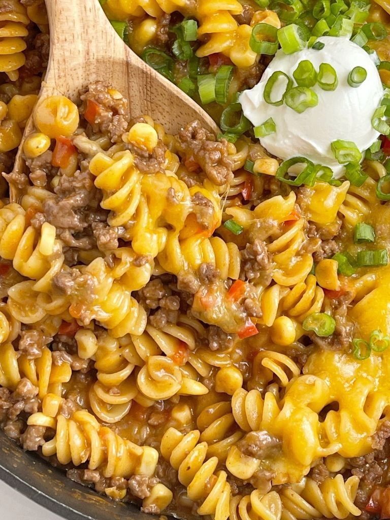 One pan beef bbq pasta skillet dinner recipe is ready in 30 minutes. 