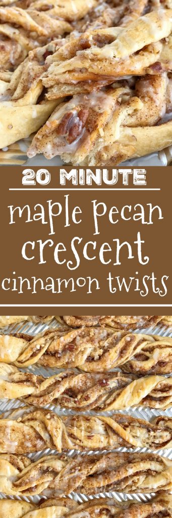 Maple Pecan Crescent Cinnamon Twists | These quick & easy 20 minute maple pecan cinnamon twists are made with refrigerated crescent dough and are perfect for brunch, a snack, and even a sweet breakfast treat. Buttery crescent dough filled with a pecan cinnamon mixture and baked to perfection! Top with a simple maple and powdered sugar glaze and enjoy!