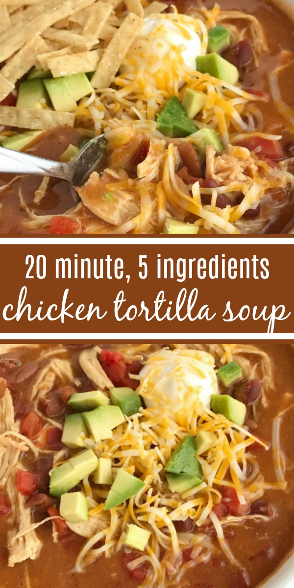 {5 INGREDIENT} CHICKEN TORTILLA SOUP | The best 5 ingredient chicken tortilla soup only takes 20 minutes to make! One pot is all you need for this delicious and creamy tortilla soup. Combine 5 ingredients + some spices and let it simmer on the stove top. Top with cheese, avocado, chips, and sour cream. #souprecipes #chickentortillasoup #easydinnerrecipes #dinnerideas #chicken #recipeoftheday