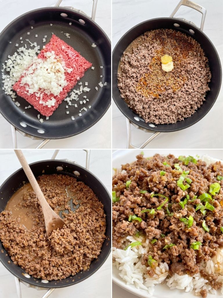 How to make beef teriyaki skillet with four step by step pictures in a photo collage.