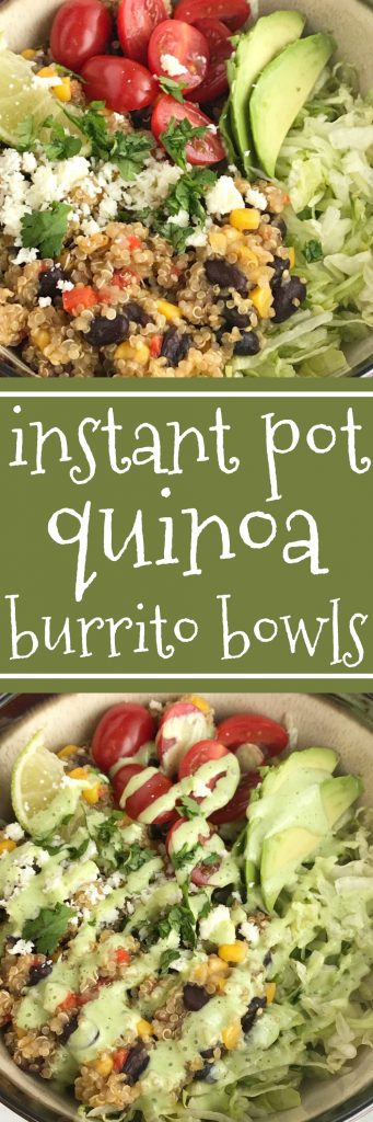 Instant Pot Quinoa Burrito Bowls | Burrito Bowls | Vegetarian | Instant Pot Recipes | Pressure Cooker Recipes | Quinoa Recipes | Instant Pot Quinoa Burrito Bowls are a quick and healthy dinner. Pile the quinoa burrito filling into bowls and top wtih your favorite taco toppings. #burritobowls #quinoarecipes #quinoa