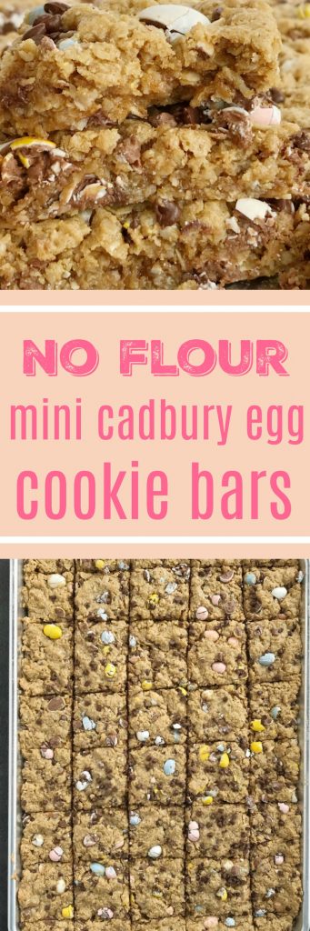{no flour, gluten-free} Mini Cadbury Egg Cookie Bars | No flour mini Cadbury egg cookie bars are the best way to celebrate Easter! These gluten-free, no flour cookie bars are loaded with oats, peanut butter, chocolate, and an entire bag of mini Cadbury eggs. You must try this easy dessert that's made in a cookie sheet so it's perfect for a crowd or for freezing | #easyrecipes #easter #easterrecipes #easterdessertrecipes #cadburyeggs 